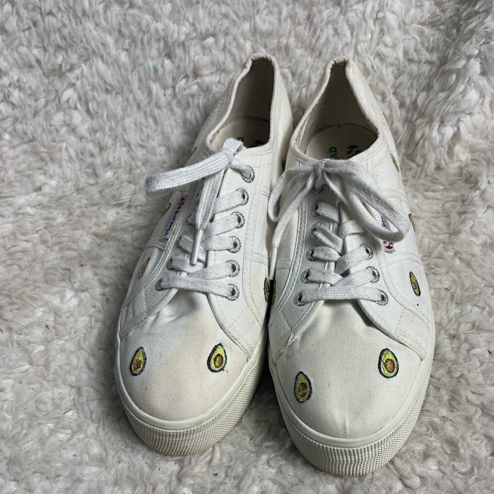 Superga White Canvas Platform Embroidered Avocado Sneakers EURO SZ41